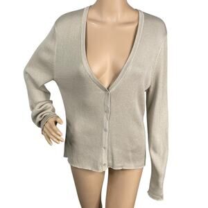 NWT J.Jill Khaki Beige Deep V-neck Ribbed Cotton Acrylic Cardigan SZ L